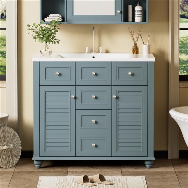 36" Bathroom Vanity Cabinet with Sink Combo Set, Undermount Resin Sink, Free Standing Vanity Set with 2 Drawers& Soft Closing Doors, Solid Wood Frame Bathroom Cabinet, Blue