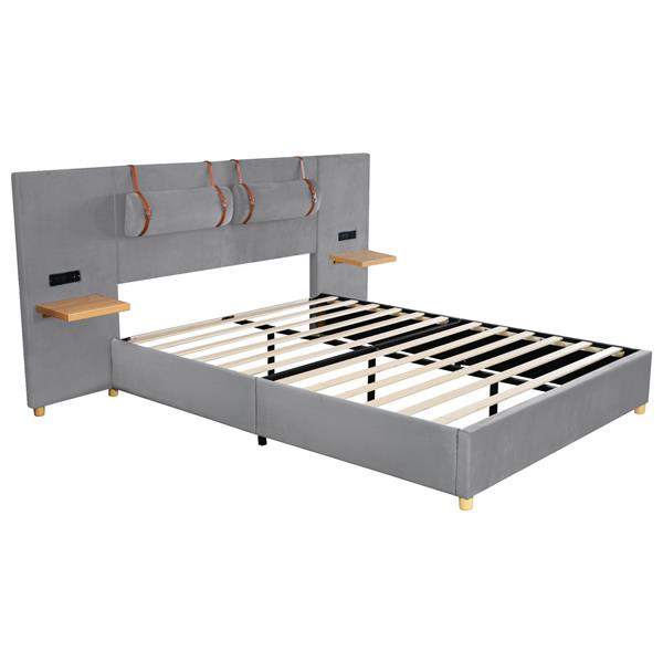 Queen Upholstered Platform Bed, Two Outlets and USB Charging Ports on Both Sides, Two Bedside Pillows, Storage Shelves, Gray