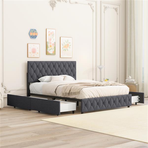 Queen Size Upholstered Platform Bed Frame with 4 Storage Drawers, Adjustable Linen Headboard, Wooden Slats Support, No Box Spring Needed, Easy Assembly,Grey