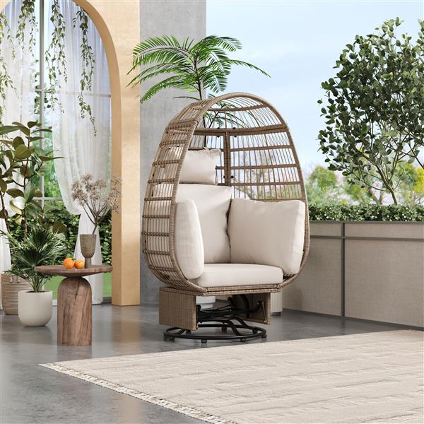 Outdoor Swivel Chair with Cushions, Rattan Egg Patio Chair with Rocking Function for Balcony, Poolside and Garden (Natural Wicker + Beige Cushion)