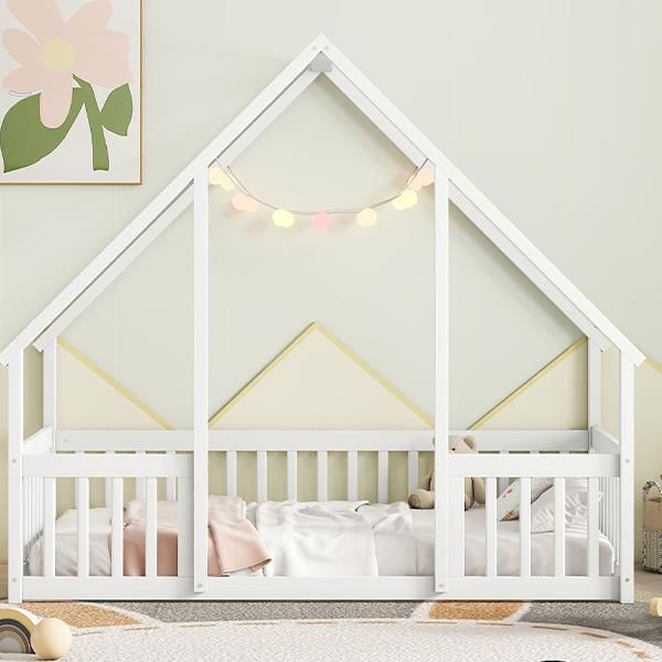 Twin Wood House-Shaped Floor Bed with Fence, Guardrails ,White