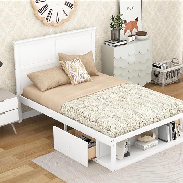 Full Size Platform Bed with Drawer on the Each Side and Shelf on the End of the Bed, White