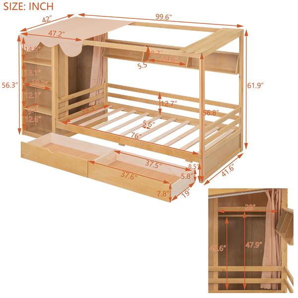 Twin size House Bed with Two Drawers and Wardrobe,Natural