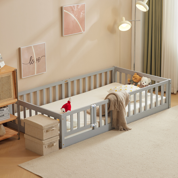 Fence Bed With Door With Board Grey Painted Pine Twin Children's Bed