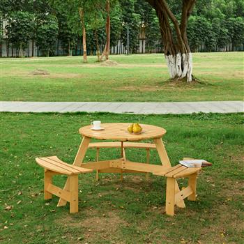 Outdoor 6 Person Picnic Table, 6 person Round Picnic Table with 3 Built-in Benches, Umbrella Hole, Outside Table and Bench Set for Garden, Backyard, Porch, Patio,  Natural