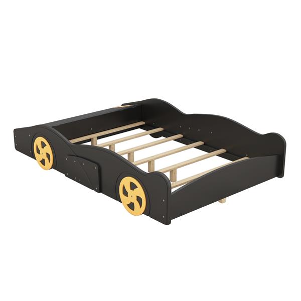 Full Size Race Car-Shaped Platform Bed with Wheels and Storage, Black+Yellow