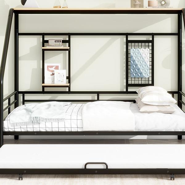 Full Size Metal House Bed with Trundle, Black