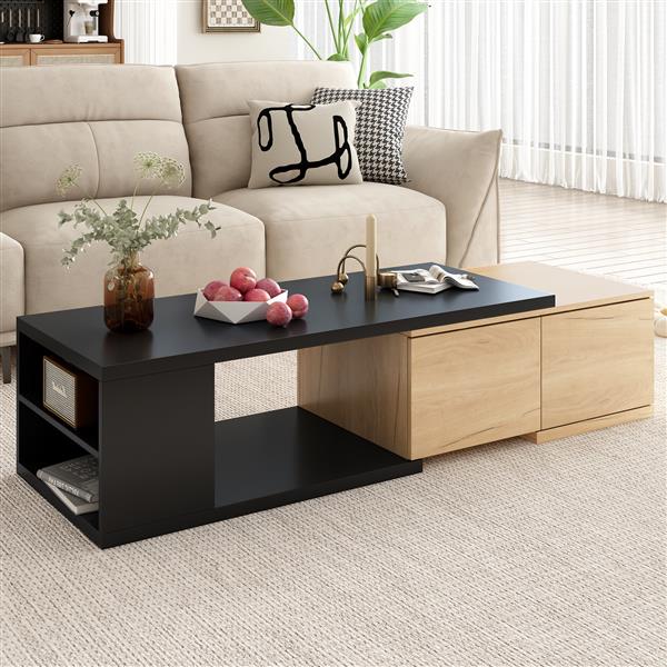 47.2''-57''W Extendable Coffee Table with 2 Storage Drawers, Dual-tone Wood Center Table with Extendable Sliding Tabletop, Multi-functional Hidden Storage Sofa Table for Living Room, Black