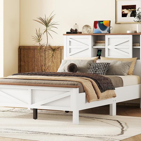 Farmhouse Platform Bed with Double Sliding Barn Door, Full Size Rustic Wood Bed with
Charging Station, Wood Slats Support, White+Brown