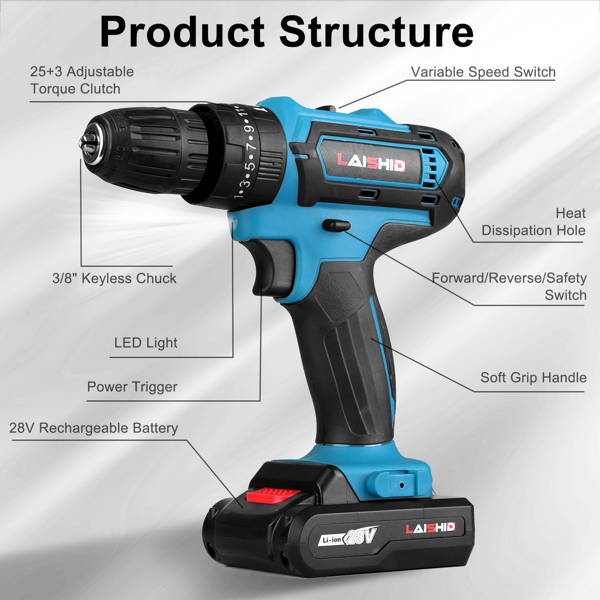 Cordless Drill Set With 2Pcs 28V Batteries and Charger 2 Variable Speeds 3/8In Keyless Chuck 265ln-lbs 25+3 Torque Positions Included 24Pcs Drill Bits For Home Car Repair Handmade