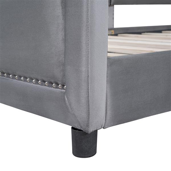 Twin Size Upholstered Daybed with Classic Stripe Shaped  Headboard, Gray