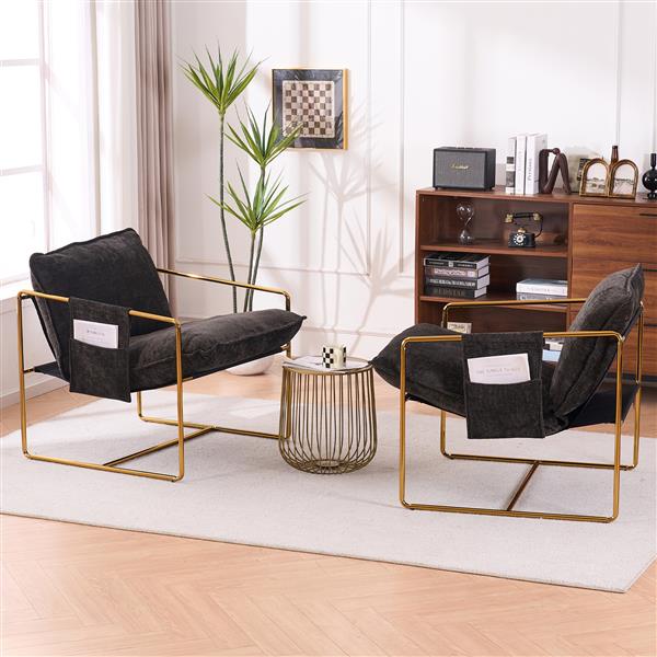 2 Sets 1 Case, Upholstered Hanging Armchair with Arm PocketsMetal frame, gold-plated craftsmanship, crushed foam cushions and skin-friendly woven fabric for living room and bedroom. Dark Gray