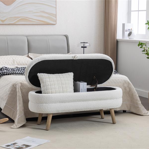 036-Boucle Fabric Storage Bench Bedroom Bench With Wood Legs For Living Room Bedroom Indoor,Ivory