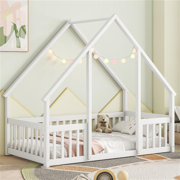 Twin Wood House-Shaped Floor Bed with Fence, Guardrails ,White