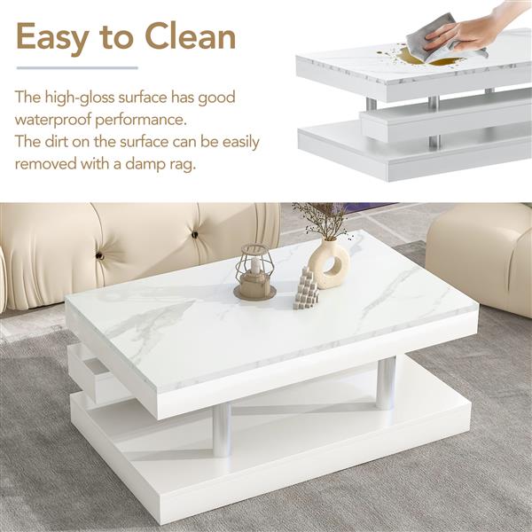 [VIDEO provided] Modern 2-Tier Coffee Table with Silver Metal Legs, Rectangle Cocktail Table with High-gloss UV Surface, Minimalist Design Center Table for Living Room, White