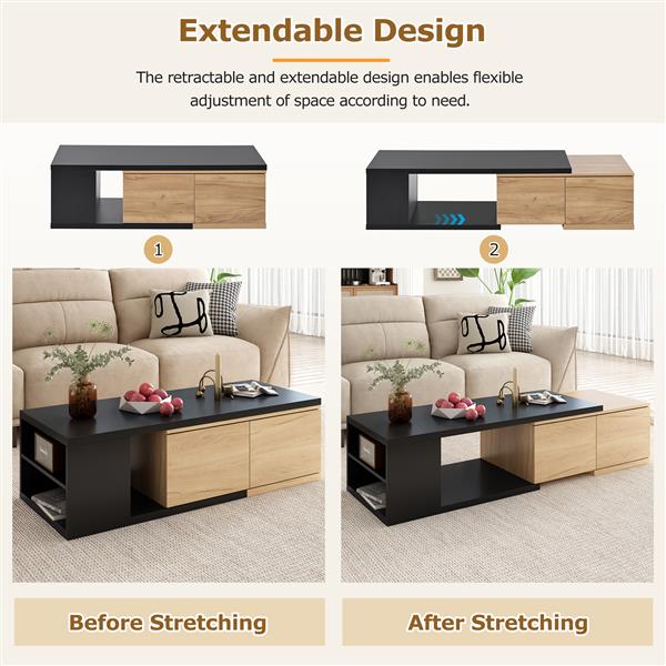 47.2''-57''W Extendable Coffee Table with 2 Storage Drawers, Dual-tone Wood Center Table with Extendable Sliding Tabletop, Multi-functional Hidden Storage Sofa Table for Living Room, Black