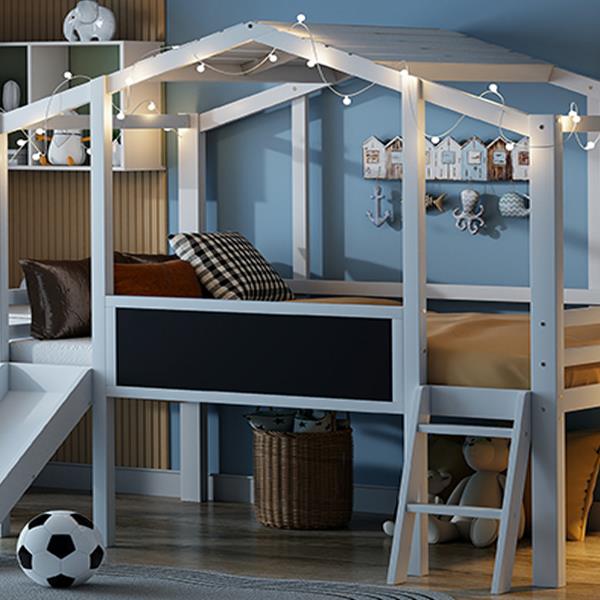 Twin Size Loft Bed with Ladder and Slide, House Bed with Blackboard and Light Strip on the Roof, White