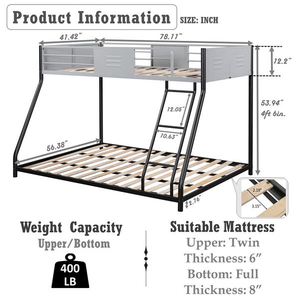 Metal Twin over Full Bunk Bed/ Heavy-duty Sturdy Metal/ Noise Reduced/ Safety Vent Board Guardrail/ CPC Certified/ No Box Spring Needed