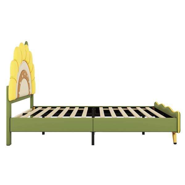 Full Size Upholstered Platform Bed with Sunflower Shaped Headboard, Green