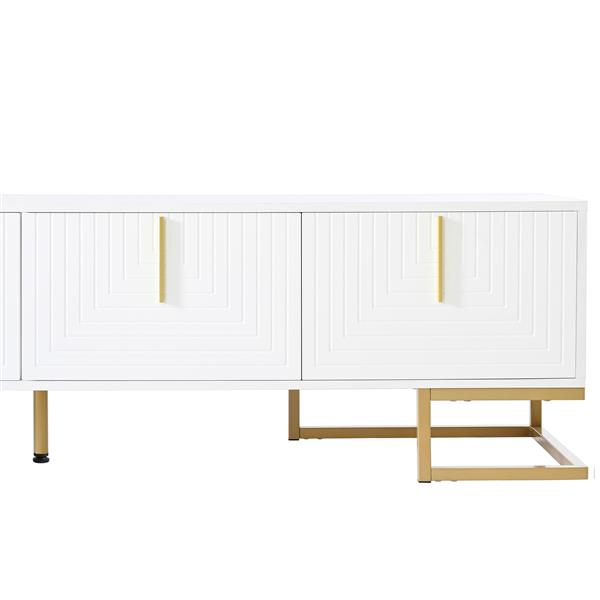 Modern TV Stand with Metal Legs and Gold Handles for TVs Up to 80'', Media Console Table with Cabinets and Adjustable Shelves, Luxury TV Cabinet with Geometric Lines for Living Room, White