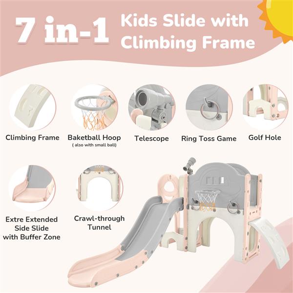 Kids Slide Playset Structure 7 in 1,  Spaceship Set with Slide, Arch Tunnel, Ring Toss and Basketball Hoop, Toy Storage Organizer for Toddlers, Kids Climbers Playground