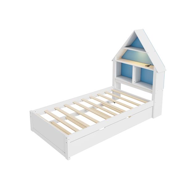 Twin Size House-Shaped Bed with Bookcase Headboard and Led Light and Twin Size Trundle for Kids Boys Girls, Blue+ White