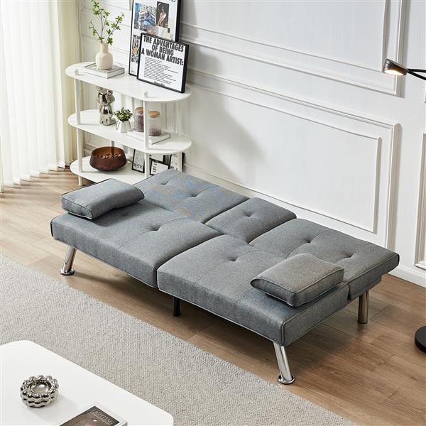 Linen Fabric Modern Sofa Bed Futon Couch Bed Folding Recliner Sleeper Reversible Loveseat Convertible Daybed, 2 Cup Holders, 3 Angles, Removable Armrests, Gray