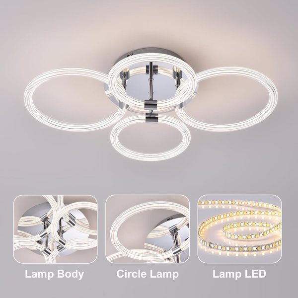 Modern LED Flush Mount Ceiling Light with Dimmable Remote Control, 6Rings Acrylic for Bedroom, Living Room, Kitchen, Office Lamps (4 heads)[Unable to ship on weekends, please note that]