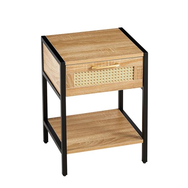 Set of 2, 15.74" Rattan End table with  drawer, Modern nightstand, metal legs,side table for living room, bedroom,natural