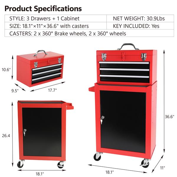 3-Drawer Rolling Tool Chest with Wheels, Tool Chest with Large Storage Cabinet and Adjustable Shelf, Removable Portable Top Box with Locking System Tool Chest for Garage, Warehouse