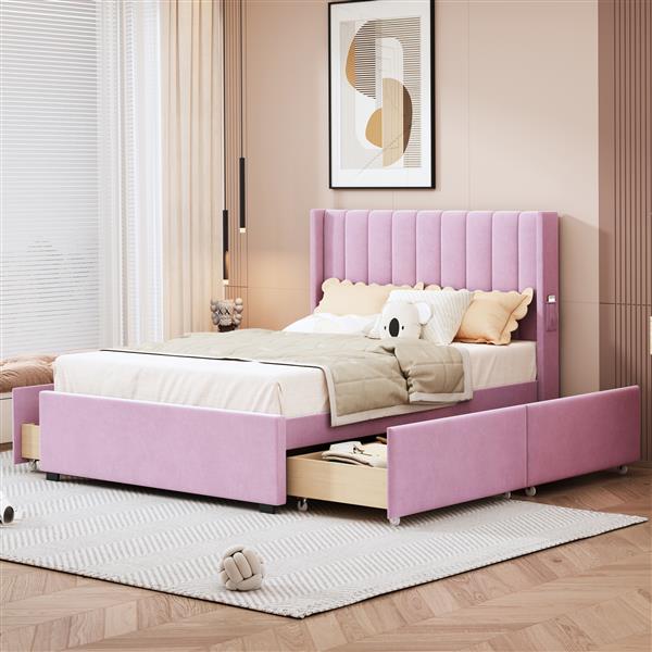 Full Size Upholstered Bed with 4 Drawers, Pink