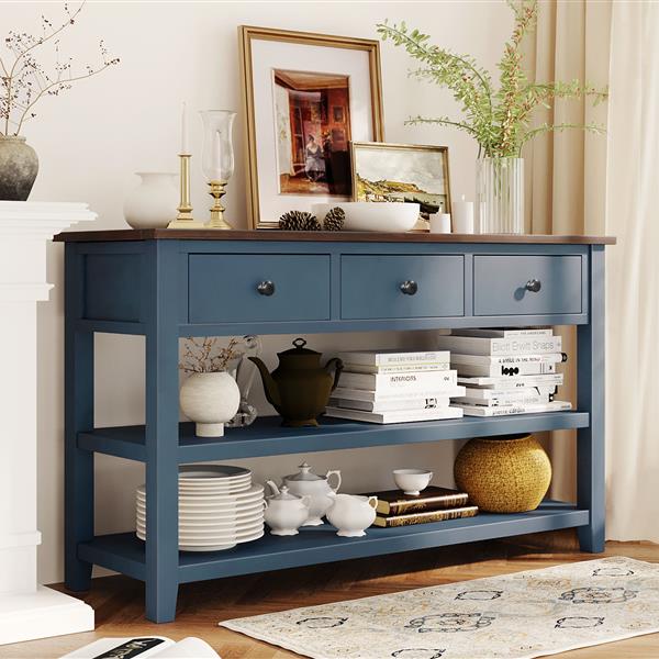 Retro Design Console Table with Two Open Shelves, Pine Solid Wood Frame and Legs for Living Room (Antique Navy+Espresso)