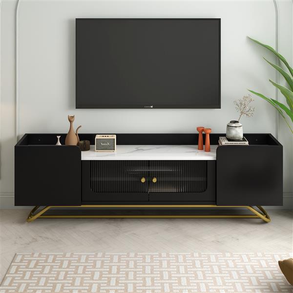 Sleek Design TV Stand with Fluted Glass, Contemporary Entertainment Center for TVs Up to 70", Faux Marble Top TV Console Table with Gold Frame Base, Black