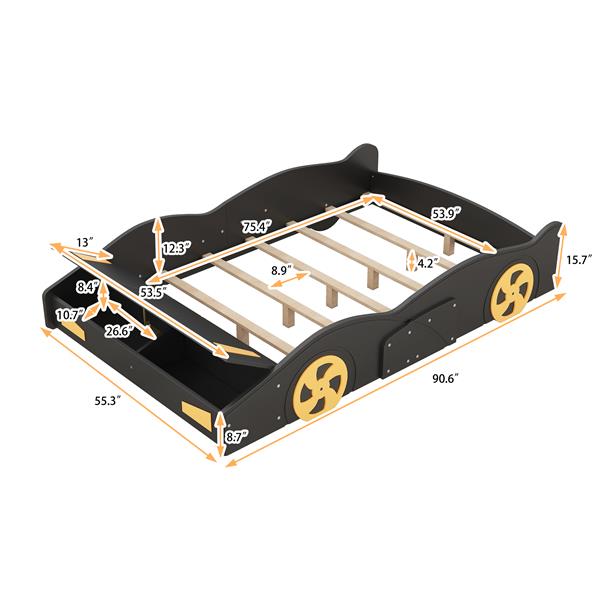 Full Size Race Car-Shaped Platform Bed with Wheels and Storage, Black+Yellow