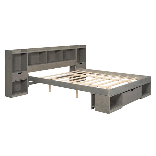 Queen Size Wood Platform Bed with Multi-storage Headboard and a Drawer, Gray