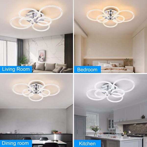 Modern LED, Flush Mount Ceiling Light with Dimmable Remote Control, 6Rings Acrylic Fixture for Bedroom, Living Room, Kitchen, Office Lamps (6 Heads)[Unable to ship on weekends, please note that]