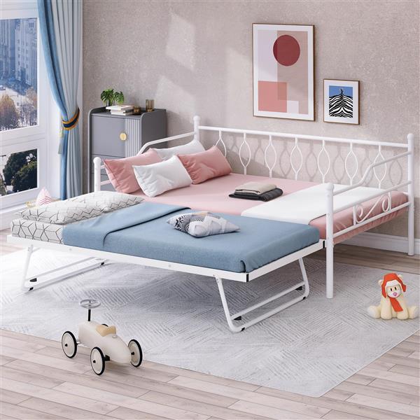 Full Size Metal Daybed with Twin Size Adjustable Trundle, Portable Folding Trundle, White