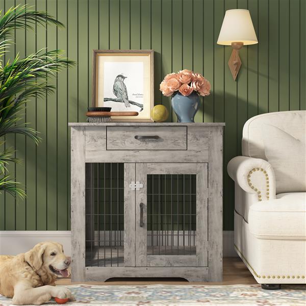 Furniture Style Dog Crate End Table with Drawer, Pet Kennels with Double Doors, Dog House Indoor Use, Grey, 29.9'' W x 24.8'' D x 30.71'' H.