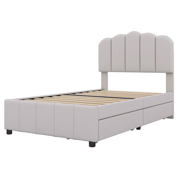 Twin Size Upholstered Bed with 2 Storage Drawers,Wood Slat Support, Beige