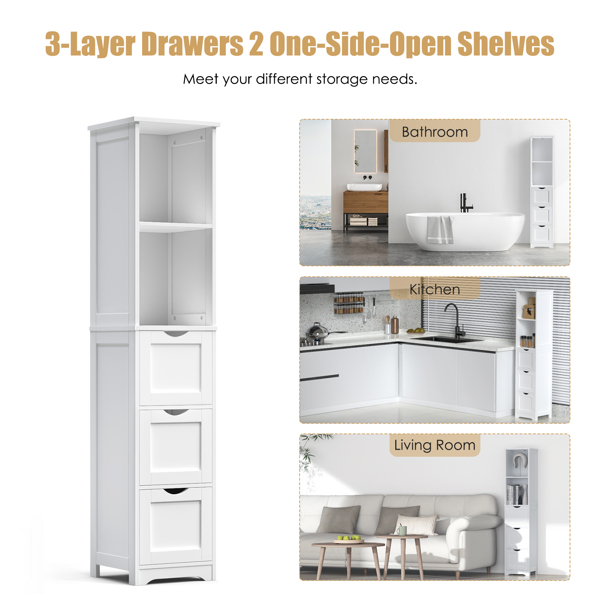 Bathroom Tall Storage Cabinet, Slim Free Standing Cabinet with 3 Drawers and 2 Shelves,Floor Cabinet for Small Space, 11.8" D x 12.6" W x 57.5" H, White 