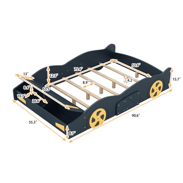 Full Size Race Car-Shaped Platform Bed with Wheels and Storage, Dark Blue+Yellow