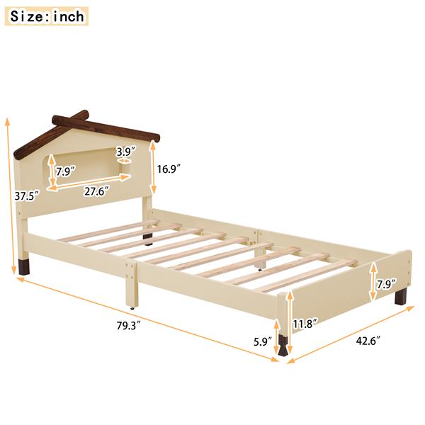 Twin Size Wood Platform Bed with House-shaped Headboard and Motion Activated Night Lights (Cream+Walnut)