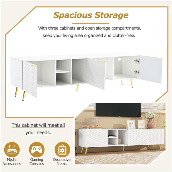 Modern Minimalist Geometric TV Cabinet with Metal Handles and Gold Legs for TVs Up to 80'', Multi-functional TV Stand with Storage Cabinets, Entertainment Center for Living Room, White