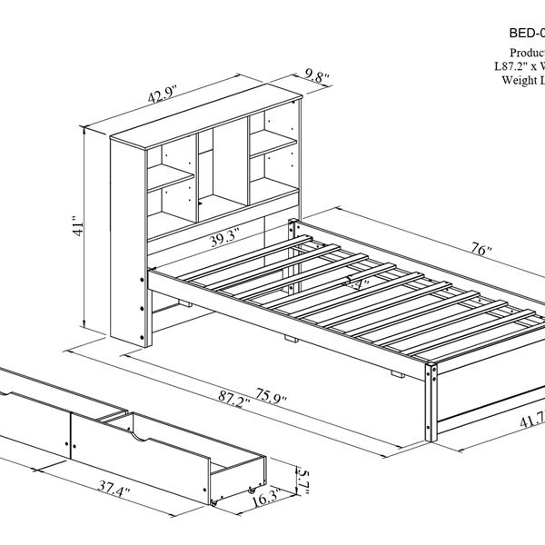 Modern Twin Size Bed Frame With Built-in USB Port on Bookcase Headboard and 2 Drawers for Walnut Color