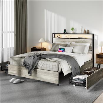 Queen Size Bed Frame with 4 Storage Drawers and 2 USB Ports, Upholstered Platform Bed Frame with Storage Headboard Charging Station and metal Slat Support, No Box Spring Needed, Dark Grey.