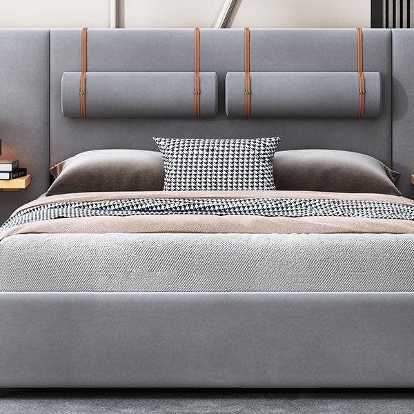 Queen Upholstered Platform Bed, Two Outlets and USB Charging Ports on Both Sides, Two Bedside Pillows, Storage Shelves, Gray