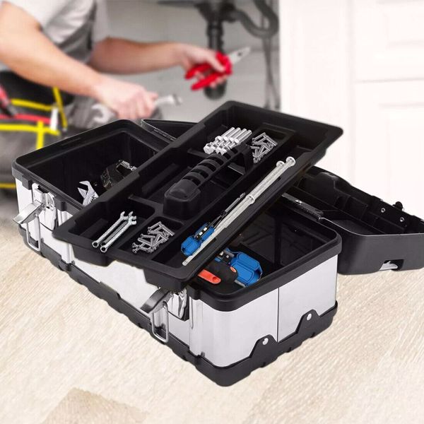 Heavy Duty PP+Stainless Steel Tool Box Chest Storage Case + Removable Tray UK