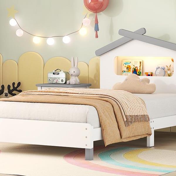 Twin Size Wood Platform Bed with House-shaped Headboard and Motion Activated Night Lights (White+Gray)