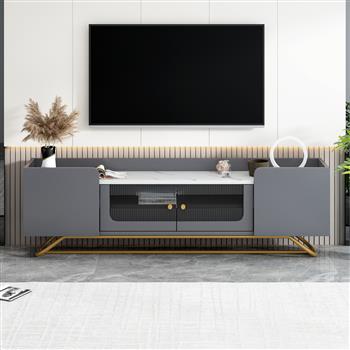 Sleek Design TV Stand with Fluted Glass, Contemporary Entertainment Center for TVs Up to 70\\", Faux Marble Top TV Console Table with Gold Frame Base, Grey