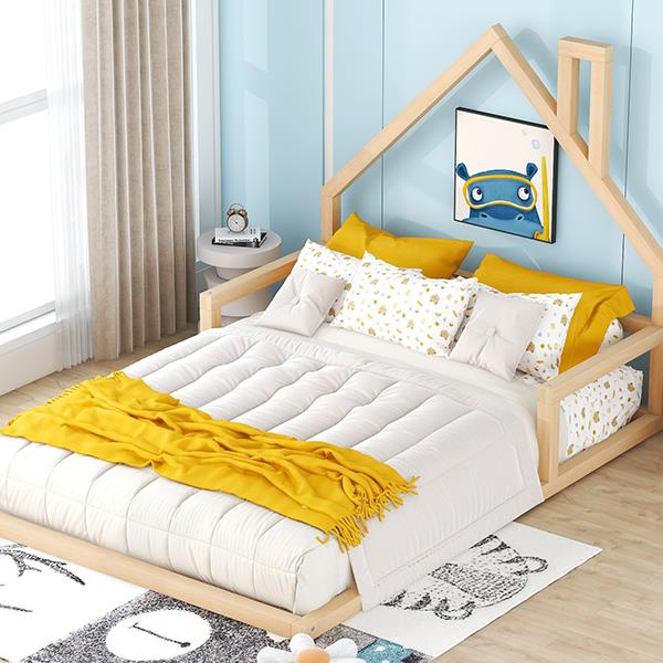 Full Size Wood Floor Bed with House-shaped Headboard, Natural